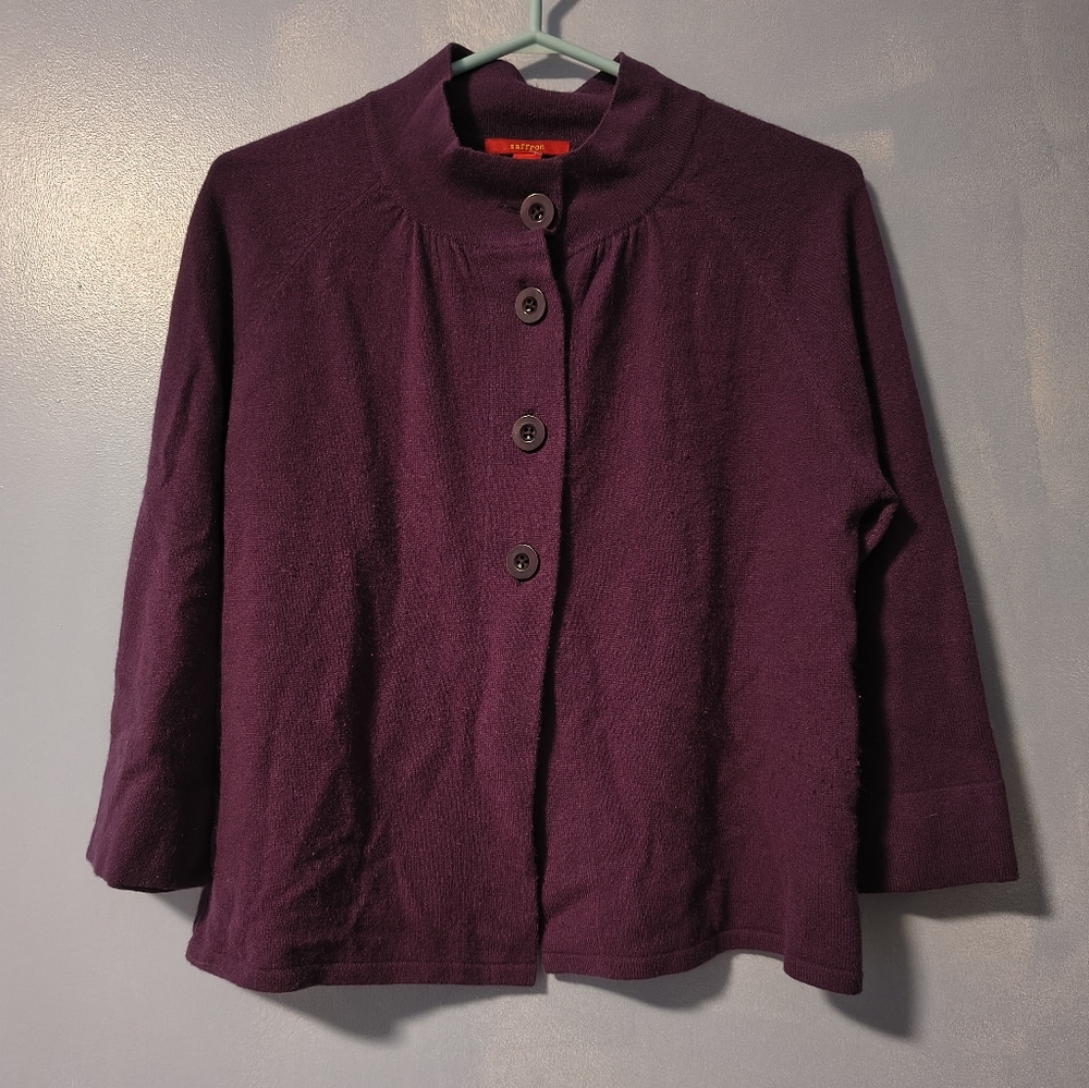 Saffron Plum Purple 100% Cashmere Button Front Mock Neck Sweater L